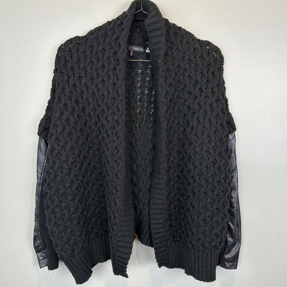 Dex Chunky Knit Black Cardigan Sweater Womens XS Faux Leather Sleeve